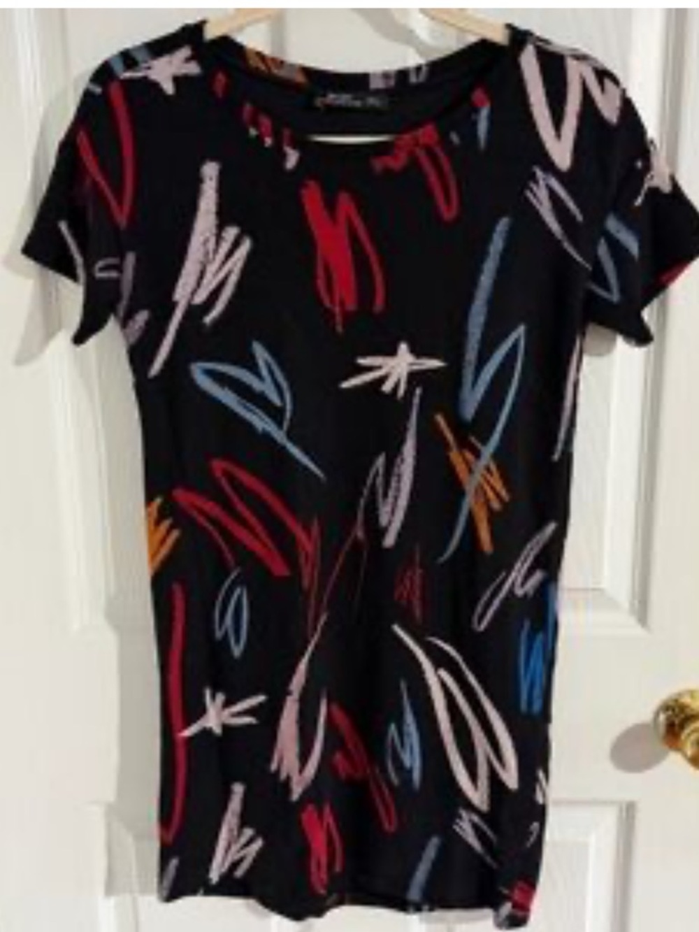 Zara Black Short Sleeve Tee with Red, Lavender, Blue & Mustard Abstract Print